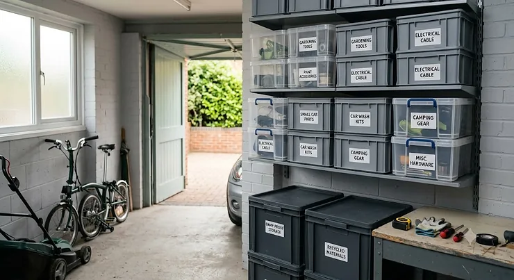 A neatly organised small garage featuring clear stackable boxes for small garage storage, maximising floor space along a brick wall. stackable boxes for small garage