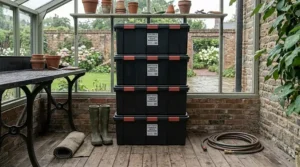 Space-saving, interlocking heavy duty storage totes stacked vertically on a floor.