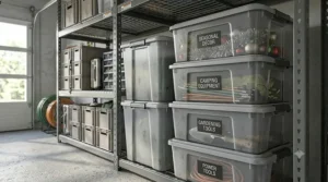 Durable stackable plastic storage bins used to maximise vertical space in a garage.