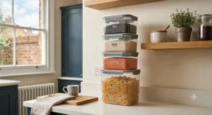 A set of durable stackable storage containers, ideal for organising a British kitchen larder or utility room.