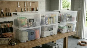 Clear stacking boxes in a garage storing winter gear and outdoor equipment, keeping items dust-free.