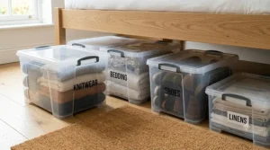 Shallow clear storage bins with lids slid neatly underneath a bedroom bed frame.