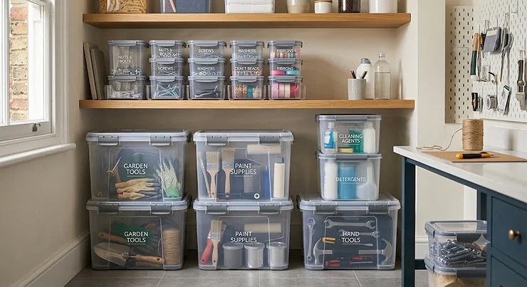 Multipurpose stackable storage containers organising bits and bobs on a utility room shelf. stackable storage containers