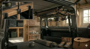 Interior roof mounted fishing rod storage rack inside an angling van keeping broken down multi piece rods secure during travel.