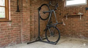 A space saving vertical freestanding bike rack holding a bicycle upright against a brick garage wall to maximise floor space.