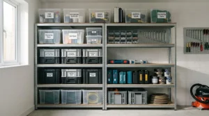 Floor-to-ceiling metal shelving units installed in a narrow garage to provide extra vertical storage space.
