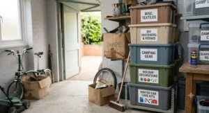 Stackable boxes for small garage spaces placed on metal shelving units to maximise vertical storage up to the ceiling.