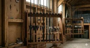 Space saving vertical fishing rod storage rack secured to a wall displaying fly rods and spinning rods vertically by the butt and blank.