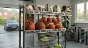 A wall-mounted ball storage rack in a compact single garage, maximizing floor space by holding footballs securely in vertical bungee cords.