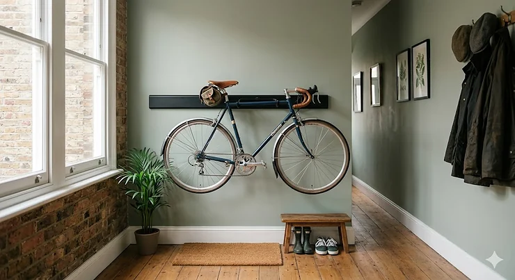 A stylish wall-mounted bike rack holding a road bike in a modern UK apartment living room. wall mounted bike rack