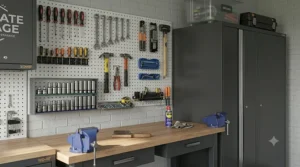 A wall-mounted pegboard organising hand tools for easy access in a home workshop garage.