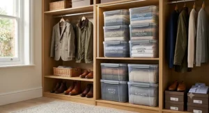 Fabric stackable storage containers stacked neatly on a wardrobe shelf for seasonal clothes storage.