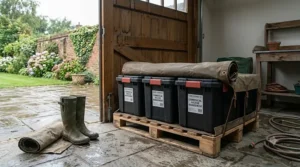 Waterproof heavy duty storage totes protecting gear in a shed or outdoor space.