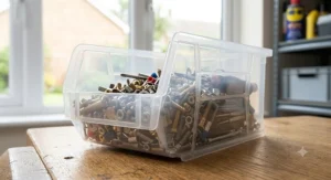 A detailed close-up of a single transparent plastic small parts storage bin on a clean, wooden workbench surface. The clear bin, similar in design to those seen in small-parts-storage-bins-uk.jpg, is densely packed with miniature brass and steel screws and nuts, showcasing the internal content visibility. Natural daylight illuminates the scene from a nearby window.