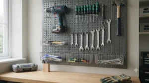 A sleek plastic pegboard used for organising stationery, scissors, and decorative items in a modern home office setting.