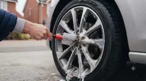 Dedicated alloy wheel cleaner and brush removing brake dust, included in a sub-£50 car cleaning bundle.