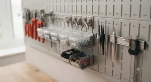 Angled pegboard hooks displaying a neat selection of pliers, designed for quick access and visibility.