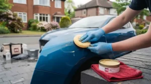 Applying a protective car wax and polish to a shiny metallic paint finish.