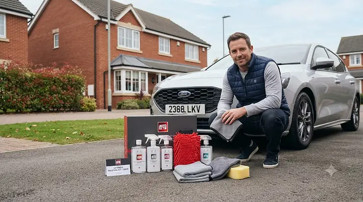 Complete car cleaning kit under £50 laid out on a driveway, featuring shampoo, microfibre cloths, and wheel brush for UK car detailing. car cleaning kit under £50
