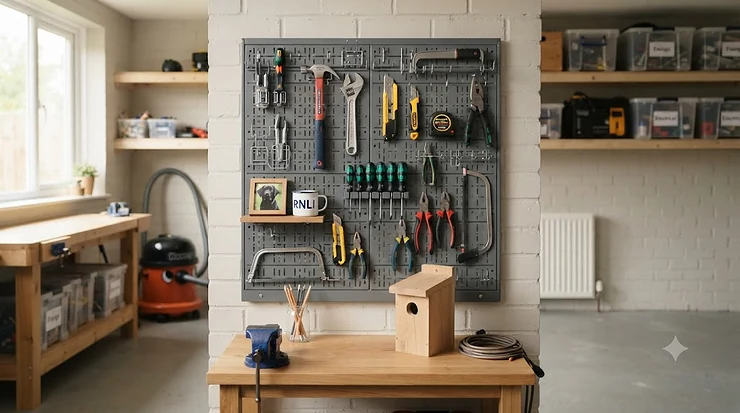 A durable, grey powder-coated metal pegboard mounted in a tidy UK workshop, holding various hand tools. best metal pegboard