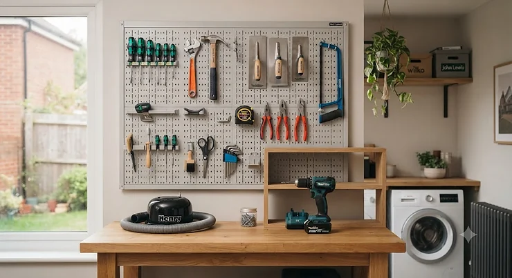 A selection of the best pegboard hooks arranged on a tool wall in a British garage, perfect for organising hand tools. best pegboard hooks