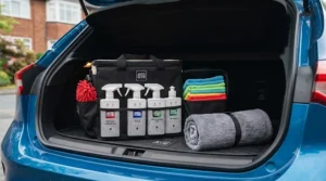 A neat car boot organiser holding all essential car cleaning products in one place.
