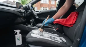 Spraying and scrubbing fabric car seats to remove stains and refresh the interior.