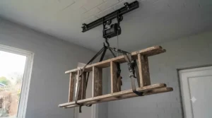 Overhead ceiling storage utility hooks for garage space-saving, holding a step ladder securely.