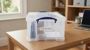 Close-up of a single clear 4-litre Really Useful Box on an oak desk, showing the specific reinforced base design and secure blue clip-lock handle mechanism.