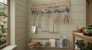 Compact garden tool hanger rack mounted on a wall, neatly holding trowels and secateurs.