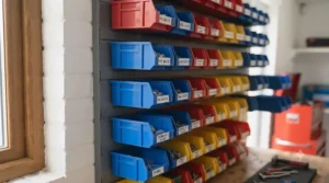 Compact wall-mounted bins maximising floor space in a small storage room.