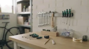 A neatly organised DIY workstation demonstrating cost-effective tool storage options for UK homeowners.