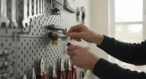 Hands adjusting plastic clips on a perforated pegboard system to create a custom tool layout.