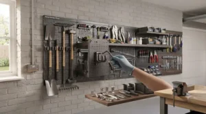 A person installing a wall-mounted toolboard system in a UK garage, demonstrating ease of setup.