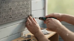 Step-by-step illustration showing how to safely mount a metal pegboard to a masonry wall.