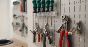 Durable double-prong pegboard hooks supporting a heavy cordless drill in a home workshop setup.