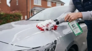 Foaming car shampoo from an affordable cleaning kit applied to a metallic car bodywork during a weekend wash.