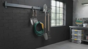 Efficient garage organisation system featuring heavy-duty wall hooks.