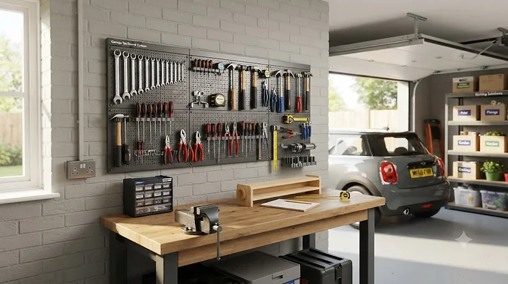 A comprehensive garage toolboard system installed on a workshop wall, featuring organised hand tools for efficient home garage storage. garage toolboard system