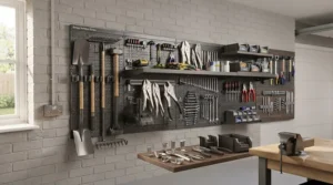A garage toolboard system integrated with adjustable shelving to maximise small workshop space.