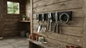 Small garden trowels and shears hanging neatly on a magnetic tool organiser inside a wooden shed.