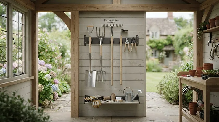 Wall-mounted garden tool hanger keeping spades and hand tools organised inside a British garden shed. garden tool hanger