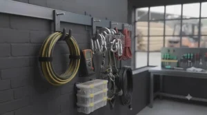 Organised garage wall with heavy-duty hooks for a clutter-free space.