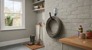 Black metal J-hook mounted on a garage wall holding a garden hose.