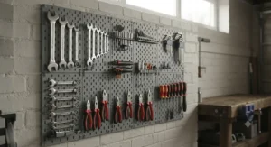 A heavy-duty plastic pegboard system holding spanners and socket sets in a professional home workshop.