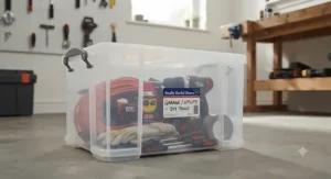 Large heavy-duty Really Useful Box trunk for storing garage or shed equipment.