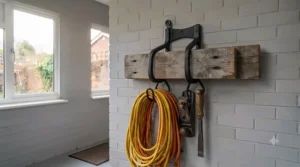 Twin arm utility hooks for garage wall storage supporting heavy timber and DIY equipment.