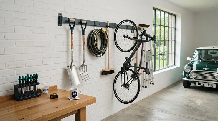 Heavy-duty wall hooks for garage storage, mounted on a brick wall. heavy duty wall hooks garage