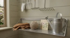 Step-by-step installation of a garden tool hanger bracket fixed securely to a wooden shed wall.