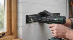 Step-by-step illustration showing how to securely screw a magnetic tool strip onto a brick workshop wall.